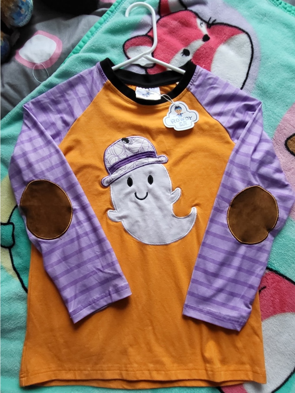 Rowdy Sprout Orange Shirt with Purple Striped Sleeves & Ghost Applique